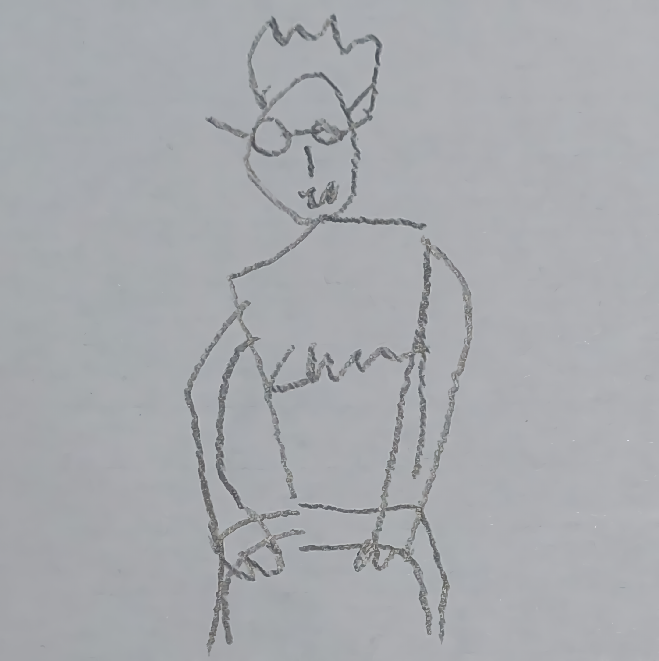 pencil-on-paper drawing of Riki Miyamura sitting and wearing a Champion jumper after winning a speed sudoku competition